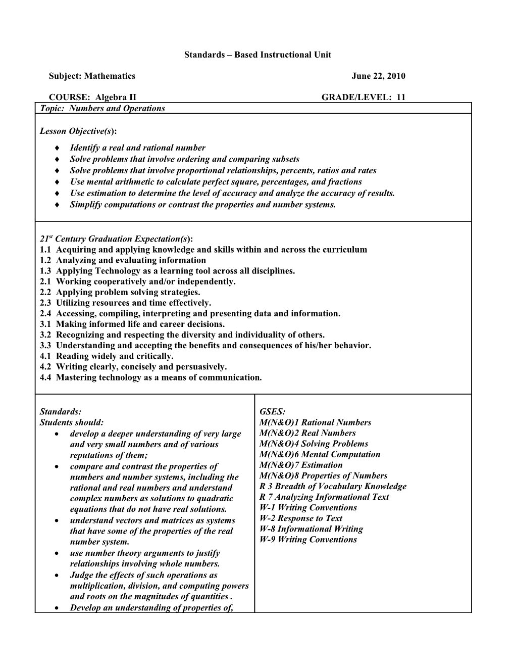 Standards Based Instructional Unit