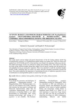 ACTIVITY BUDGET and PERCH CHARACTERISTICS of Pseudophilautus Popularis (MANAMENDRA-ARACHCHI & PETHIYAGODA, 2005) (AMPHIBIA