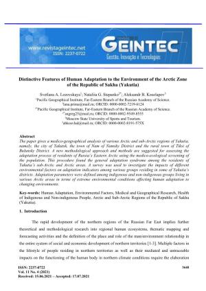 Distinctive Features of Human Adaptation to the Environment of the Arctic Zone of the Republic of Sakha (Yakutia)