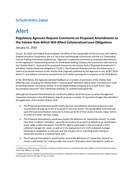 Regulatory Agencies Request Comments on Proposed Amendments to the Volcker Rule Which Will Affect Collateralized Loan Obligations January 31, 2020