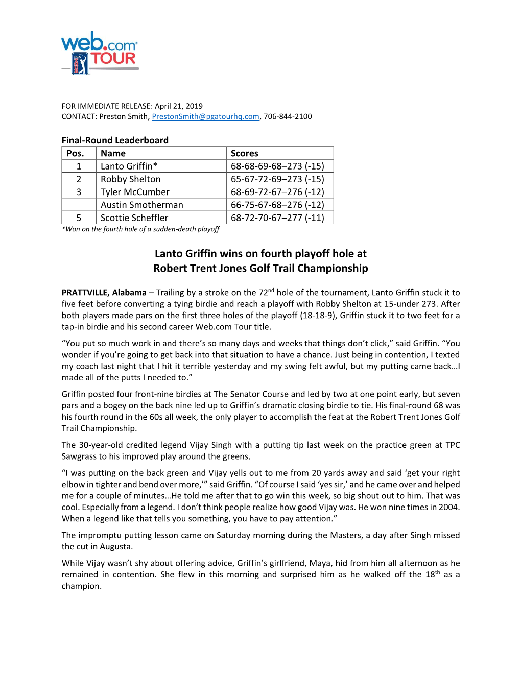 Lanto Griffin Wins on Fourth Playoff Hole at Robert Trent Jones Golf Trail Championship