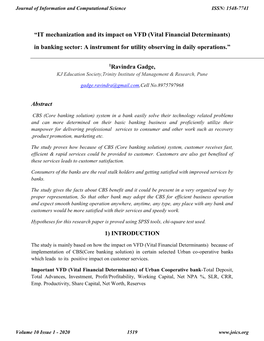 IT Mechanization and Its Impact on VFD (Vital Financial Determinants) in Banking Sector: a Instrument for Utility Observing in Daily Operations.”