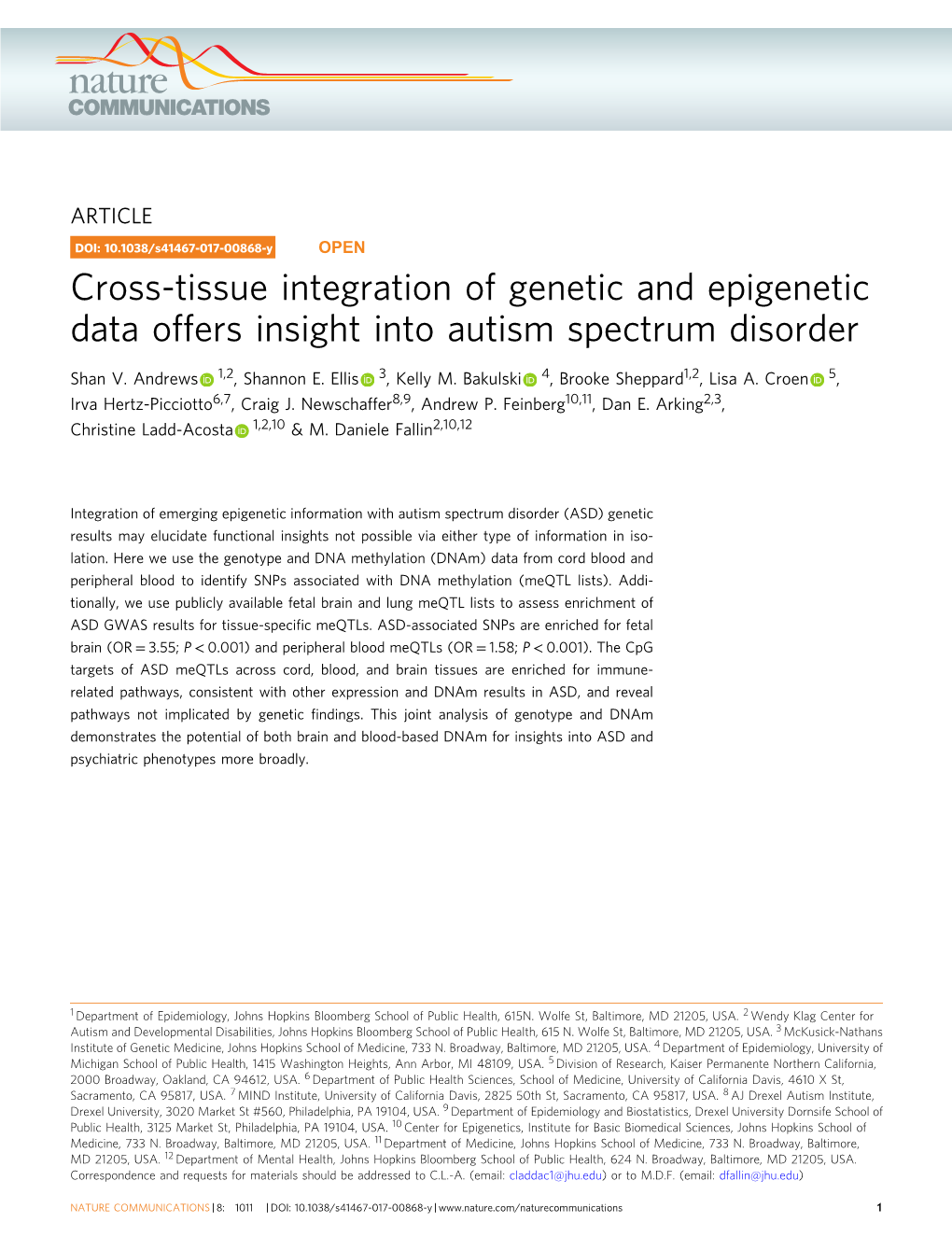 Cross-Tissue Integration of Genetic and Epigenetic Data Offers Insight Into Autism Spectrum Disorder