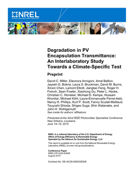 Degradation in PV Encapsulation Transmittance: an Interlaboratory Study Towards a Climate-Specific Test Preprint David C