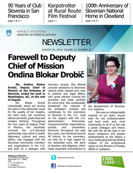 NEWSLETTER Farewell to Deputy Chief of Mission Ondina Blokar Drobič