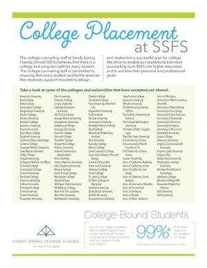 At SSFS the College Counseling Staff at Sandy Spring and Implement a Successful Plan for College