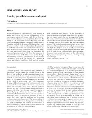 HORMONES and SPORT Insulin, Growth Hormone and Sport