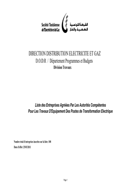 DIRECTION DISTRIBUTION ELECTRICITE ET GAZ D.O.D.R / Département Programmes Et Budgets Division Travaux