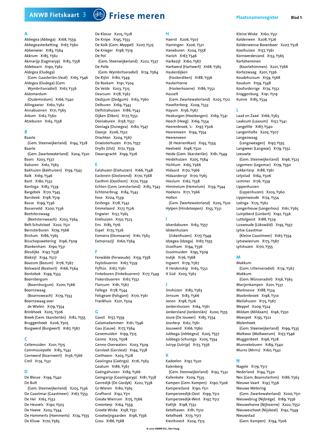 Friese Meren Plaatsnamenregister Blad 1