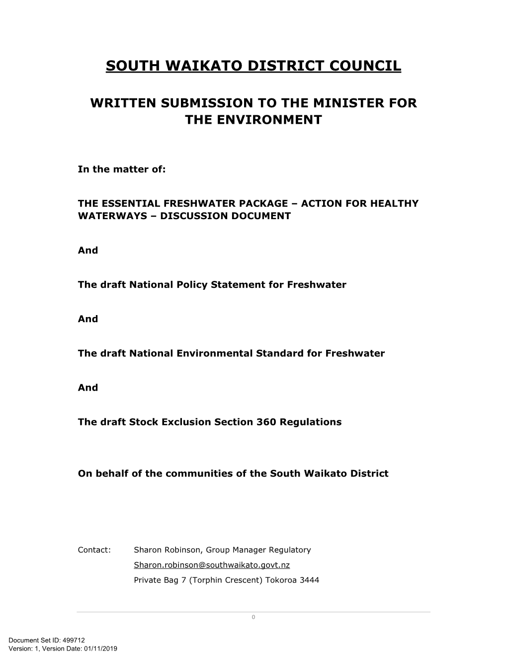 South Waikato District Council Written Submission to the Minister for The