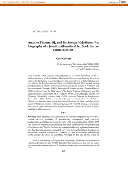 Antoine Thomas, SJ, and His Synopsis Mathematica: Biography of a Jesuit Mathematical Textbook for the China Mission*