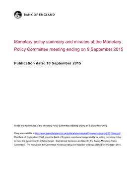 Monetary Policy Summary and Minutes of the Monetary Policy Committee Meeting Ending on 9 September 2015