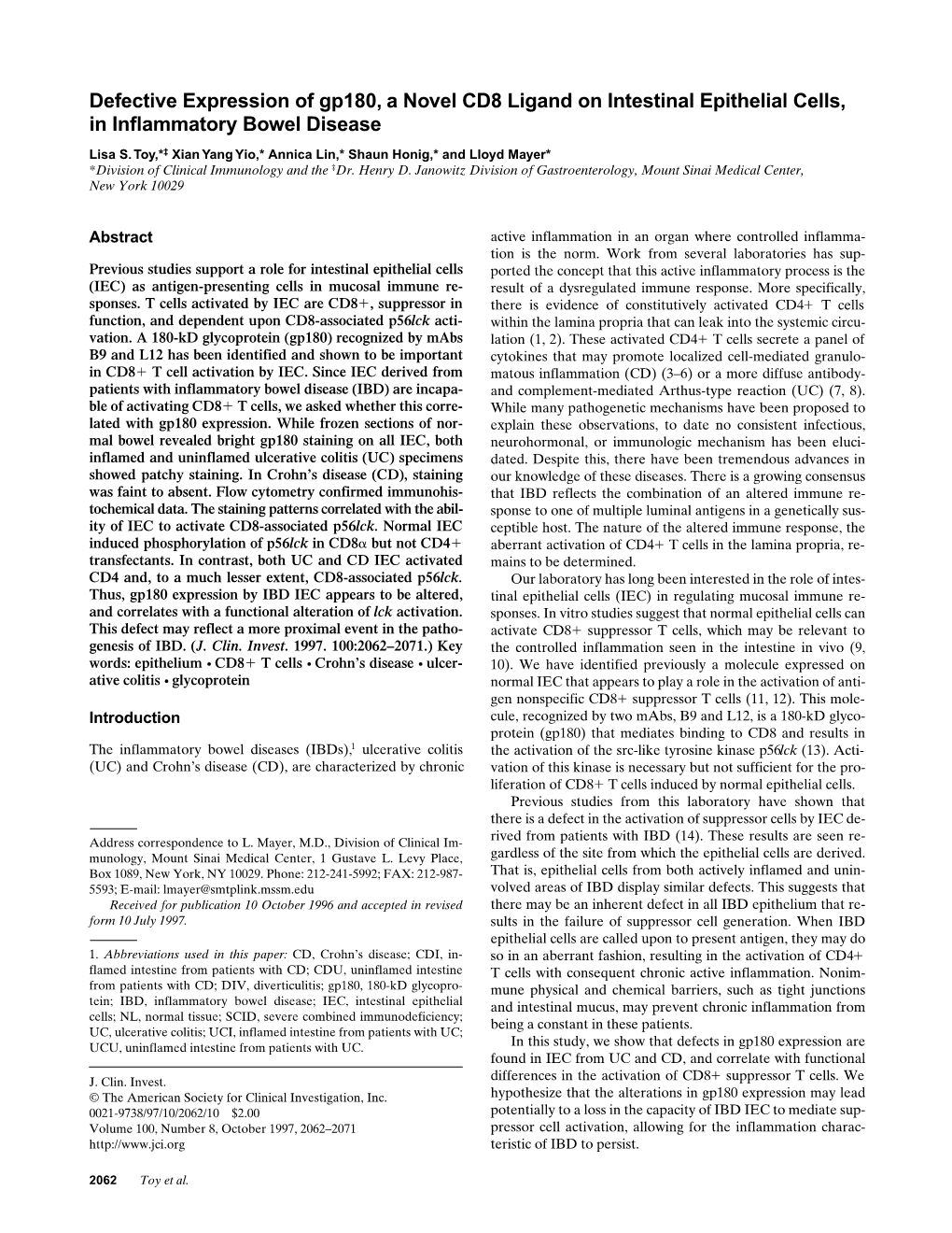 Defective Expression of Gp180, a Novel CD8 Ligand on Intestinal Epithelial Cells, in Inﬂammatory Bowel Disease