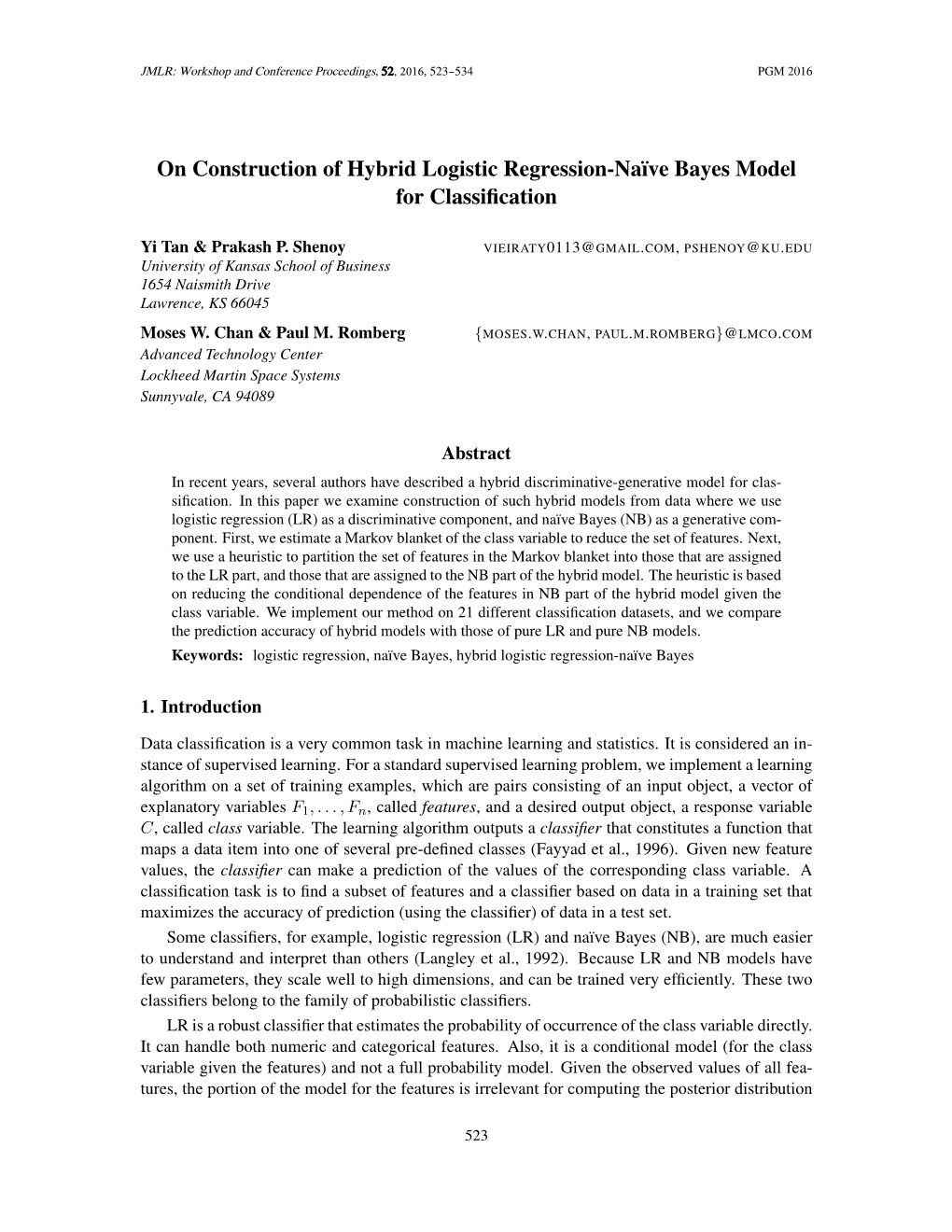 On Construction of Hybrid Logistic Regression-Na¨Ive Bayes Model for Classiﬁcation