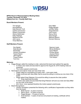 WPSU Board of Representatives Meeting Notes Tuesday, November 19, 2019 Nittany Lion Inn – Faculty Staff Club