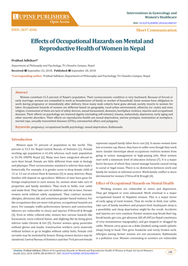 Effects of Occupational Hazards on Mental and Reproductive Health of Women in Nepal