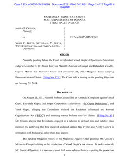 1 UNITED STATES DISTRICT COURT SOUTHERN DISTRICT of INDIANA TERRE HAUTE DIVISION Plaintiff, Vs. Defendants. ) ) ) ) ) ) ) ) 2:12