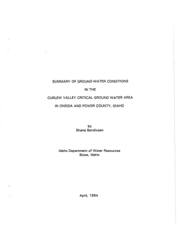 Summary of Ground Water Conditions in the Curlew Valley Critical