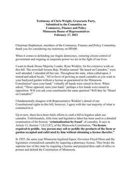 Testimony of Chris Wright, Grassroots Party, Submitted to the Committee on Commerce, Finance and Policy Minnesota House of Representatives February 17, 2021
