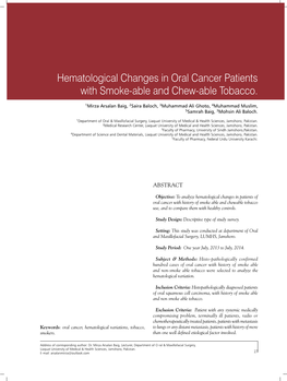 Hematological Changes in Oral Cancer Patients with Smoke-Able and Chew-Able Tobacco
