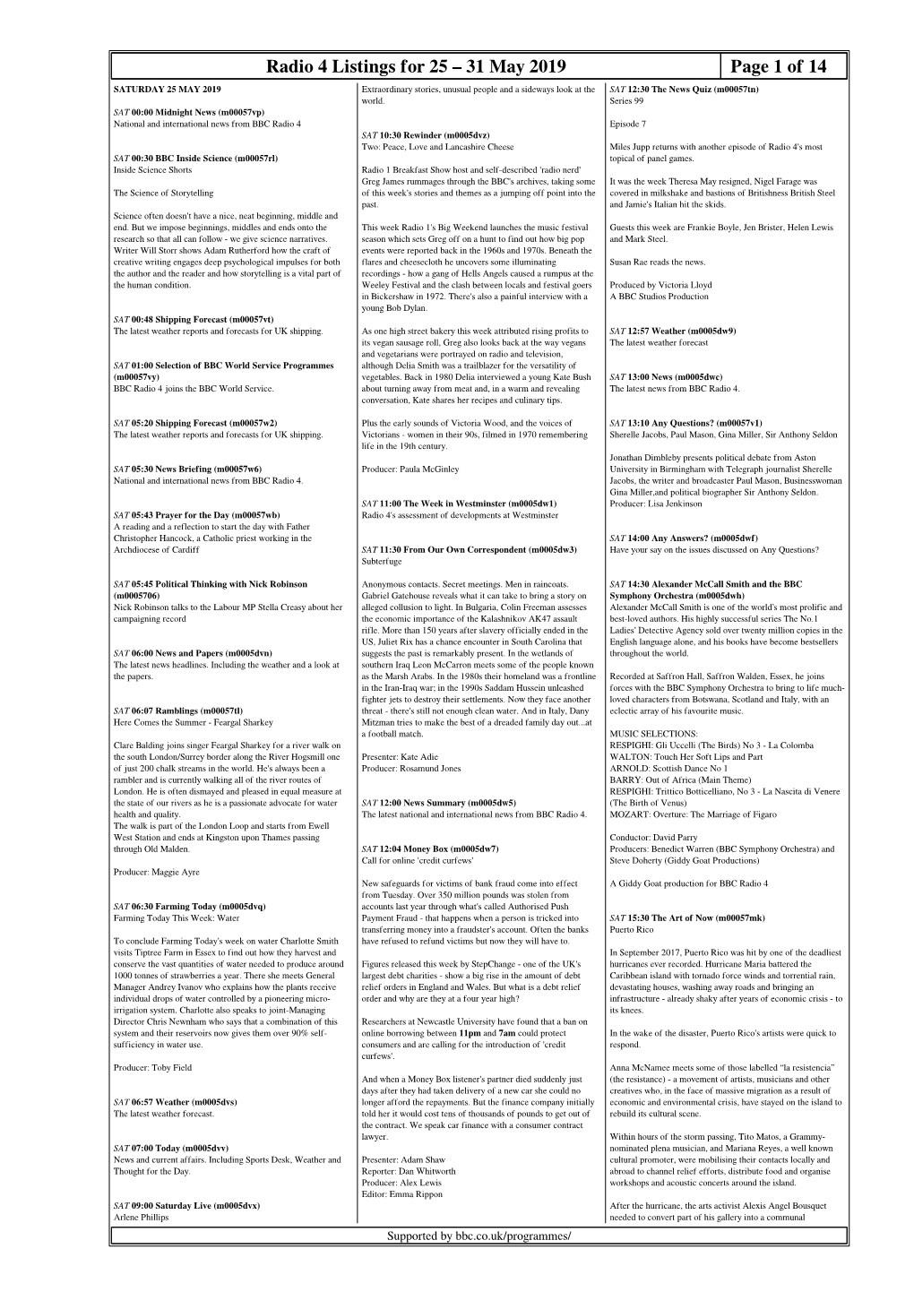 31 May 2019 Page 1 of 14 SATURDAY 25 MAY 2019 Extraordinary Stories, Unusual People and a Sideways Look at the SAT 12:30 the News Quiz (M00057tn) World