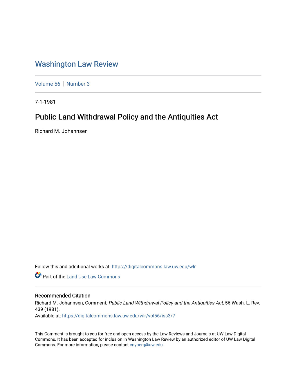 Public Land Withdrawal Policy and the Antiquities Act