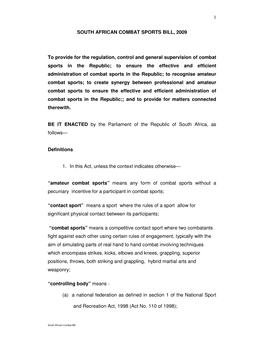South African Combat Sports Bill, 2009
