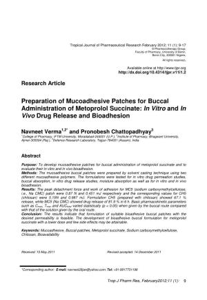 Preparation of Mucoadhesive Patches for Buccal Administration of Metoprolol Succinate: in Vitro and in Vivo Drug Release and Bioadhesion