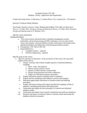 Computer Science CSC 380 Database: Theory, Application and Organization