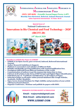 'Innovations in Bio Chemical and Food Technology – 2020' (IBCFT-20)
