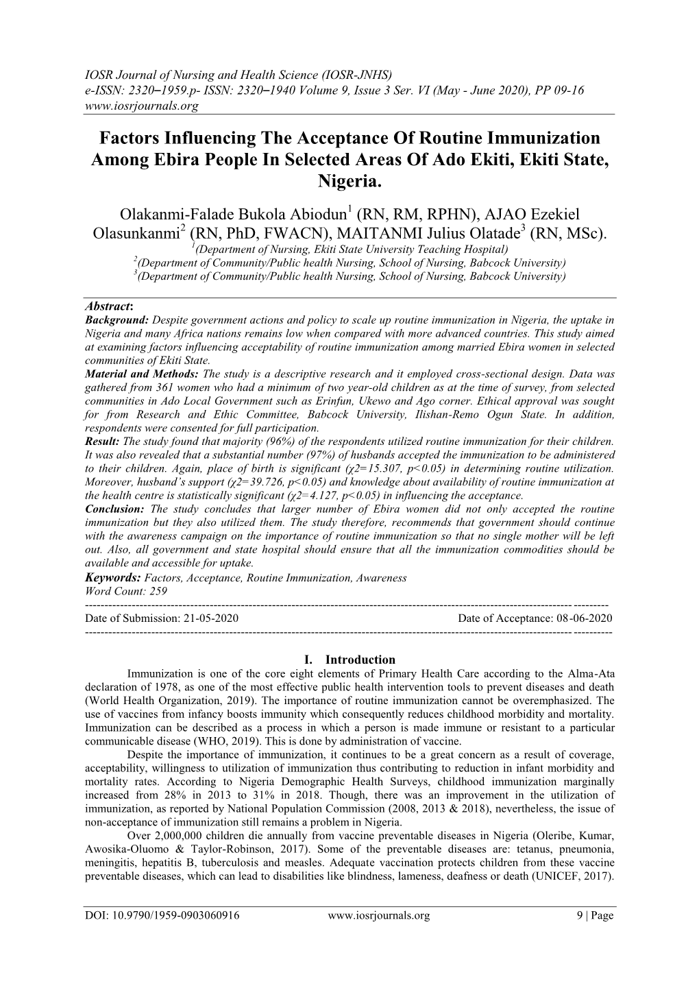 Factors Influencing the Acceptance of Routine Immunization Among Ebira People in Selected Areas of Ado Ekiti, Ekiti State, Nigeria