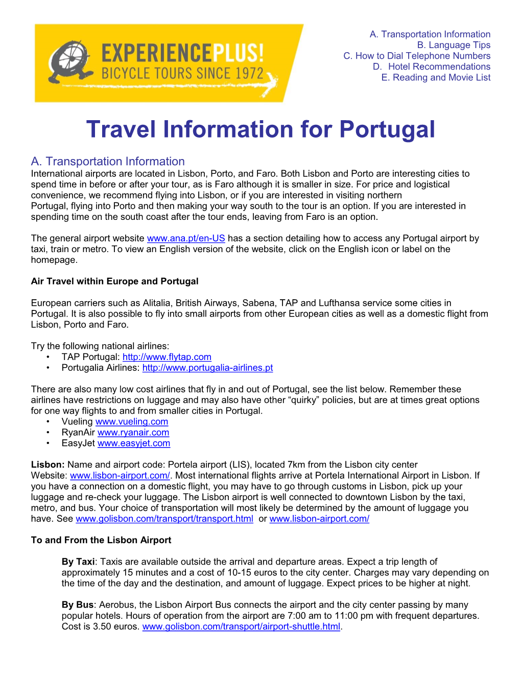 Travel Information for Portugal