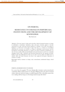 ON INERTIA: RESISTANCE to CHANGE in INDIVIDUALS, INSTITUTIONS and the DEVELOPMENT of KNOWLEDGE Bart Zantvoort