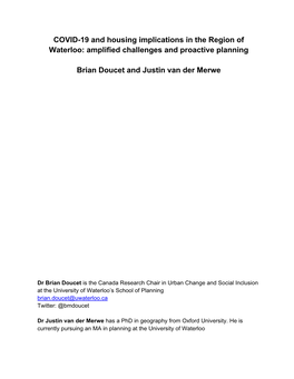 COVID-19 and Housing Implications in the Region of Waterloo: Amplified Challenges and Proactive Planning