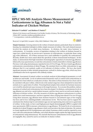 HPLC MS-MS Analysis Shows Measurement of Corticosterone in Egg Albumen Is Not a Valid Indicator of Chicken Welfare