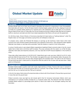 20 May 2019 Global Stocks Mixed to Lower; Chinese Criticism of US Heats