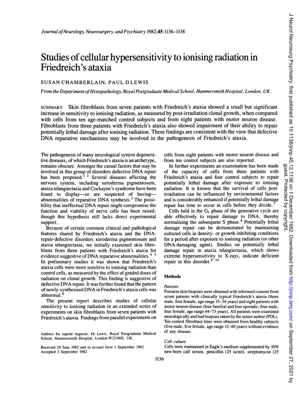 Studies of Cellular Hypersensitivityto Ionising Radiation in Friedreich's