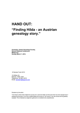 HAND OUT: “Finding Hilda - an Austrian Genealogy Story.”