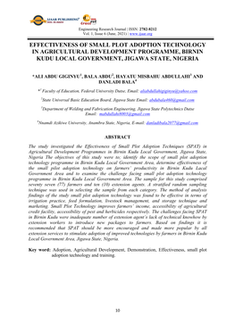 Effectiveness of Small Plot Adoption Technology in Agricultural Development Programme, Birnin Kudu Local Government, Jigawa State, Nigeria