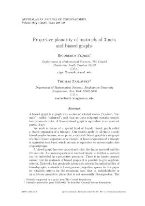 Projective Planarity of Matroids of 3-Nets and Biased Graphs