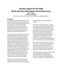 Voucher Report for the 2018 North American Mycological Association Foray Salem, Oregon October 11-14, 2018 Patrick R