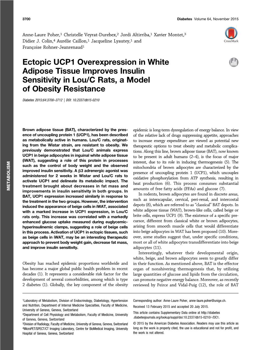 Ectopic UCP1 Overexpression in White Adipose Tissue Improves Insulin Sensitivity in Lou/C Rats, a Model of Obesity Resistance