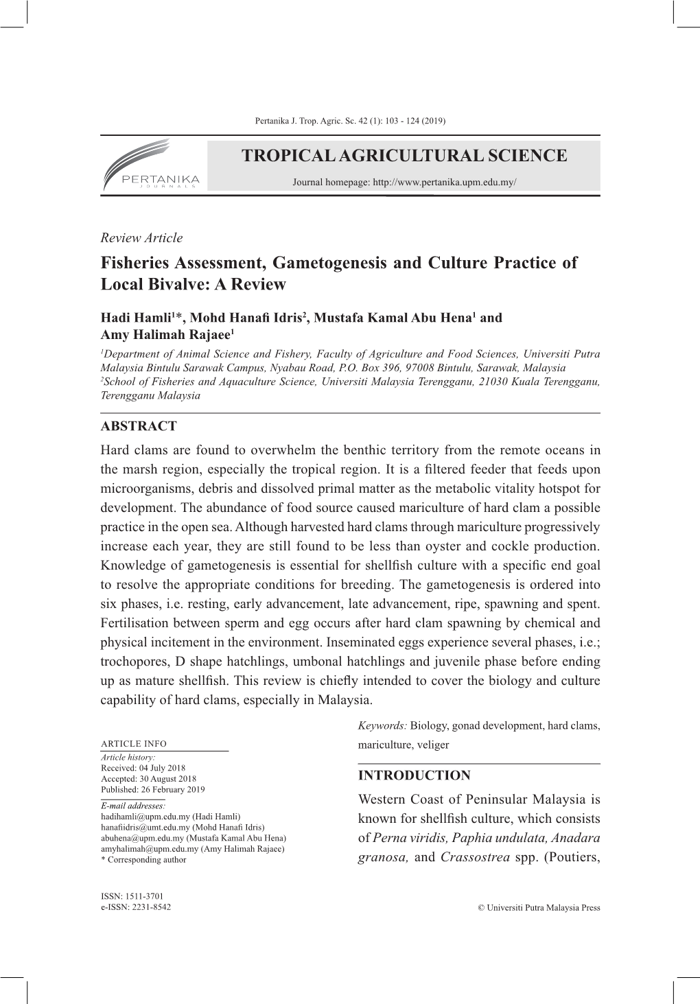 TROPICAL AGRICULTURAL SCIENCE Fisheries Assessment