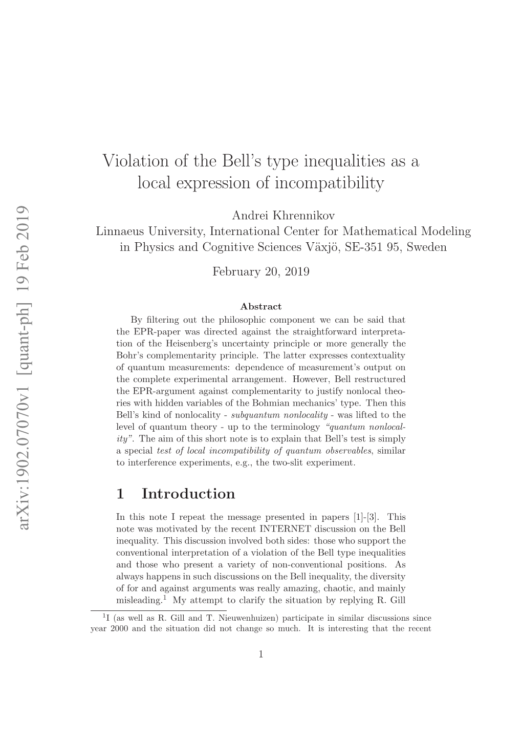 Violation of the Bell's Type Inequalities As a Local Expression Of