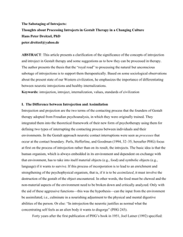 The Sabotaging of Introjects: Thoughts About Processing Introjects in Gestalt Therapy in a Changing Culture Hans Peter Dreitzel, Phd Peter.Dreitzel@Yahoo.De