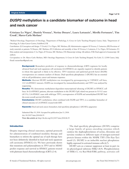 DUSP2 Methylation Is a Candidate Biomarker of Outcome in Head and Neck Cancer