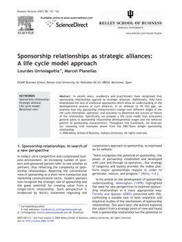 Sponsorship Relationships As Strategic Alliances: a Life Cycle Model Approach Lourdes Urriolagoitia ⁎, Marcel Planellas
