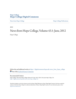 News from Hope College, Volume 43.5: June, 2012 Hope College