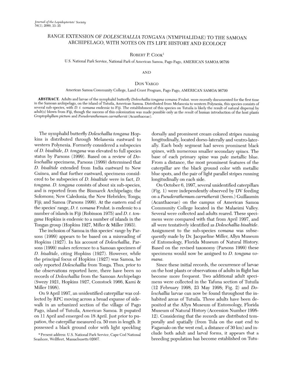 Range Extension of Doleschallia Tongana (Nymphalidae) to the Samoan Archipelago, with Notes on Its Life History and Ecology