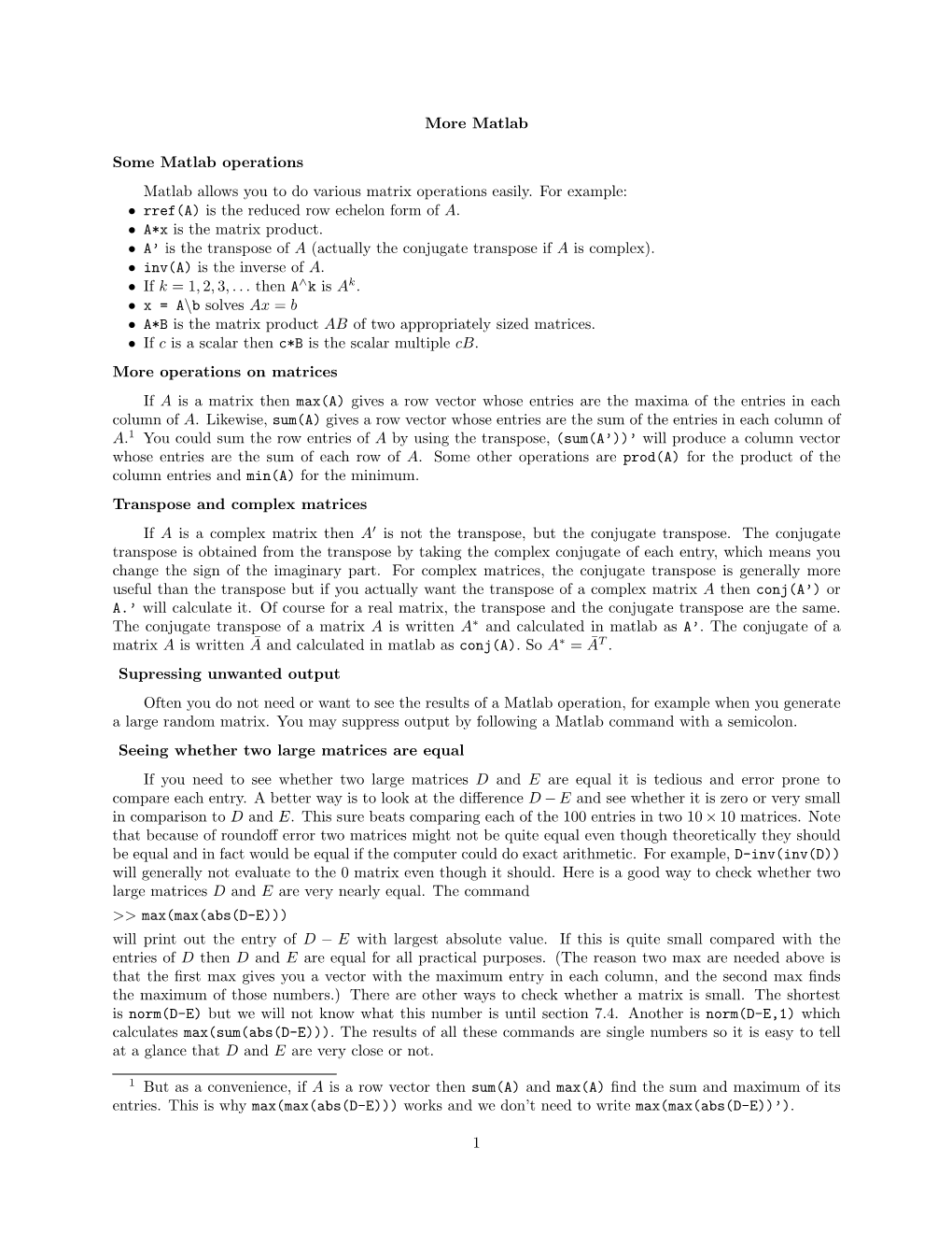 More Matlab Some Matlab Operations Matlab Allows You to Do Various